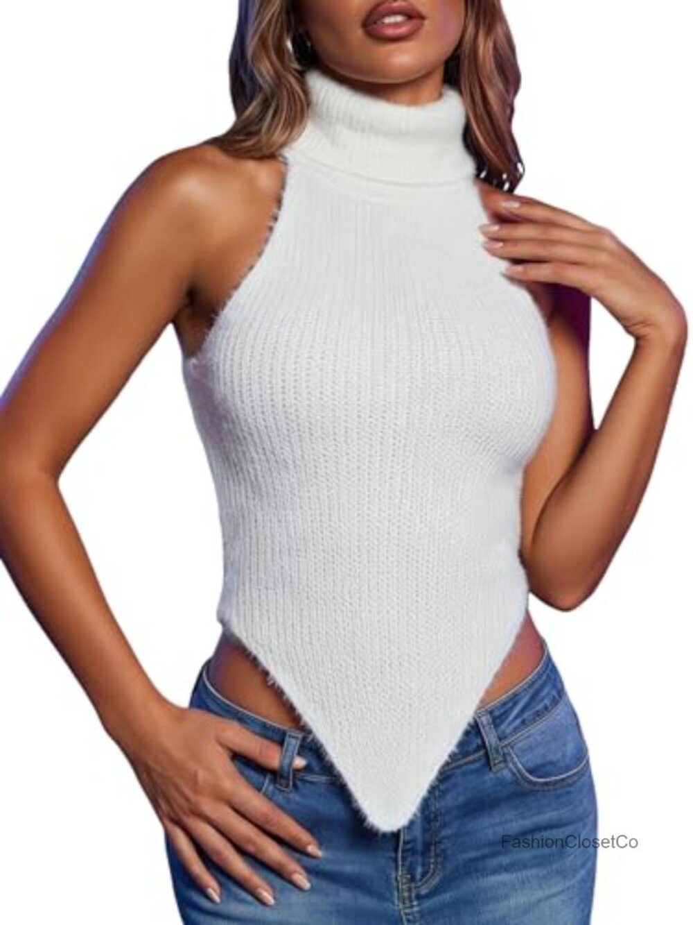Sleeveless Turtleneck Knit Sweater Vest Asymmetrical Hem